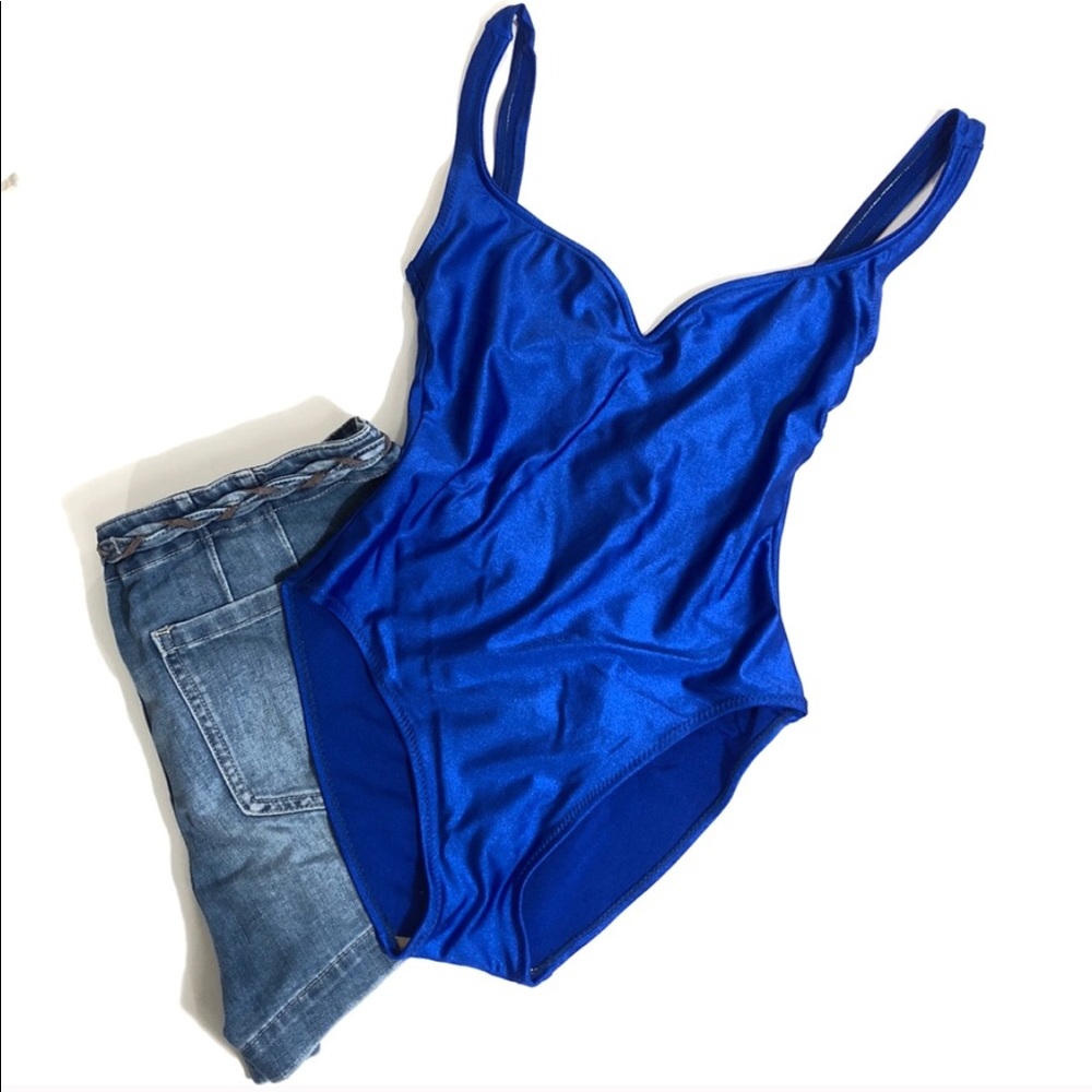 Vintage gottex one piece swim suit metallic blue